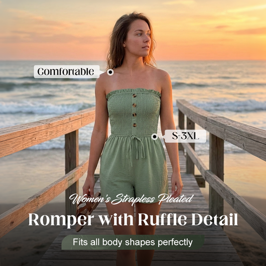 👗 LIMITED-TIME 50% OFF! 💐Women's Strapless Frill Trim Shirred Tie Front Wide Leg Tube Romper
