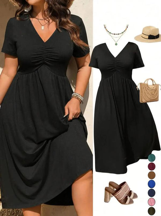 👗 LIMITED-TIME 50% OFF! ✨Plus Size V-Neck Ruched Short Sleeve Midi Dress, Casual Summer Flowy A-Line Dress