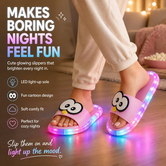 👣50% OFF NOW ! ⚡Cute slippers with cartoon motifs that glow – Colorful LED lights flash with every step, lovely 3D cartoon decals, soft lightweight EVA material, non-slip textured sole, fun for home, beach & night strolls✨