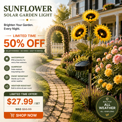 🌻LIMITED-TIME 50% OFF!☀️ 3-Head Solar Sunflower Garden Light – Realistic Petals, IP65 Weather Resistance & Warm White Glow ✨