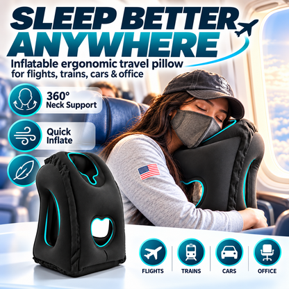 ✈️ LIMITED-TIME 50% OFF! ✨ Inflatable Ergonomic Hollow-Cutout Travel Pillow – PVC Flocking, Quick Inflate, With Storage Bag
