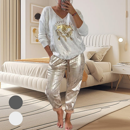 🌷LAST DAY SALE 55% OFF💝Devil's Eye Gold Foil Top and Sequin Pants Set