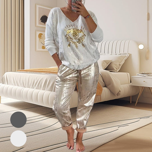 🌷LAST DAY SALE 55% OFF💝Devil's Eye Gold Foil Top and Sequin Pants Set