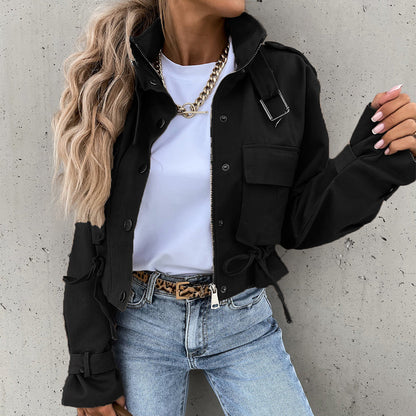 🧥Stand Collar Snap Button Drawstring Pocket Jacket – Casual Relaxed Fit, Windproof & Warm, Adjustable Drawstring, Versatile for Daily Outdoor Wear ✨