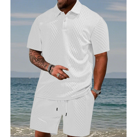 Men's two-piece set with diamond pattern: short-sleeved shirt with collar & shorts with drawstrin
