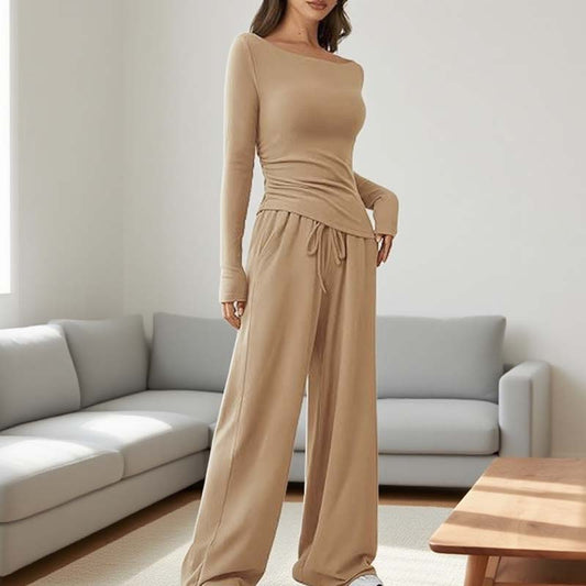 🏆 Last Day Special Price £19.99 ! 💐 Asymmetrical Long-Sleeve T-Shirt & Wide-Leg Pants Set
