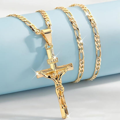 ✝️ 35% OFF NOW! ✨ Gold Crucifix Necklace – Detailed INRI Motif, Adjustable Figaro Chain & Hypoallergenic Finish 💛