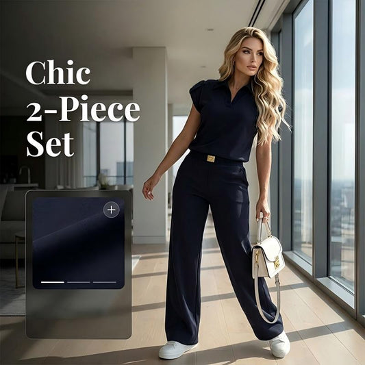 👗 50% OFF! 💐 Women's Casual Top & Pants 2-Piece Set – Chic, Wide-Leg, Gold Accents ✨
