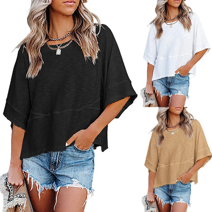 💐 LIMITED-TIME 50% OFF! ✨Women's Solid Color Splicing Loose Five Points Flare Sleeve T-Shirt