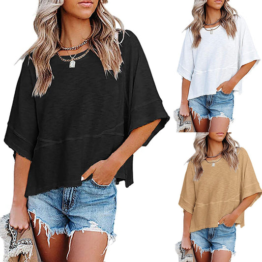 💐 LIMITED-TIME 50% OFF! ✨Women's Solid Color Splicing Loose Five Points Flare Sleeve T-Shirt