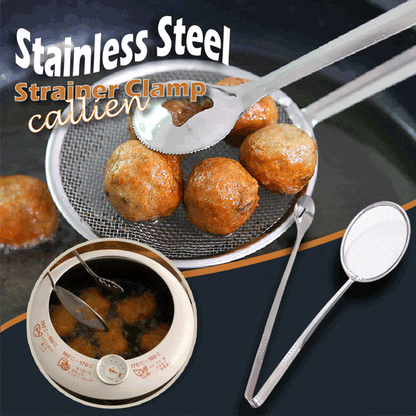 🏆 Last Day Special Price £9.99! 🍳Buy 1 Get 1 Free🎁2-in-1 Stainless Steel Strainer Clamp — Fine Mesh Filter & Tong, Oil Drain