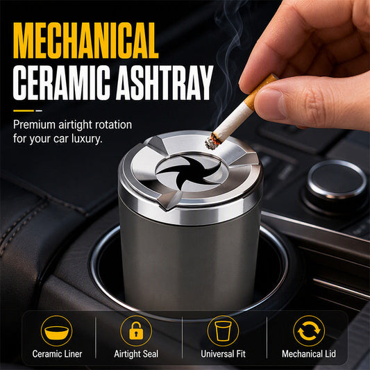 🏆 Last Day Special Price £9.78! 🚗Rotating Car Ashtray with Ceramic Inner Liner, Mechanical Airtight Lid Car Cup‑Holder Ashtray