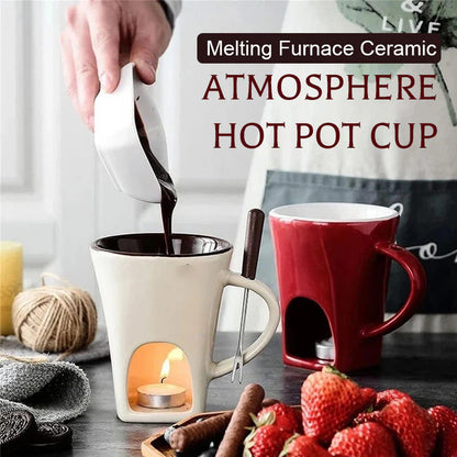🍫 LIMITED-TIME 50% OFF!🕯️Ceramic Chocolate Fondue Mug – tealight warming keeps chocolate & cheese melted, includes dipping fork. 🎄