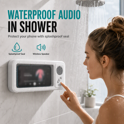 🏆 LIMITED-TIME 50% OFF! ✨Wall Mounted Waterproof Phone Case with Bluetooth Speaker and Touch Screen Phone Holder